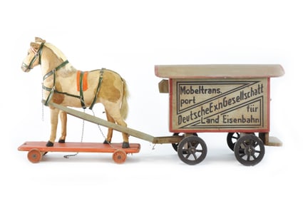 German Large Wooden Furniture Transport Delivery Wagon with Horse on Platform