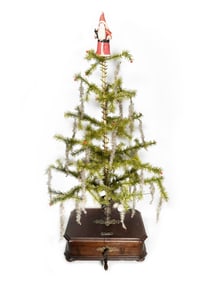 Antique German Calliope Christmas Tree Stand & Polyphon Music Box w/Victorian Feather Style Tree