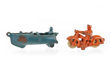 Hubley Cast Iron Speed Boat and Orange Motorcycle
