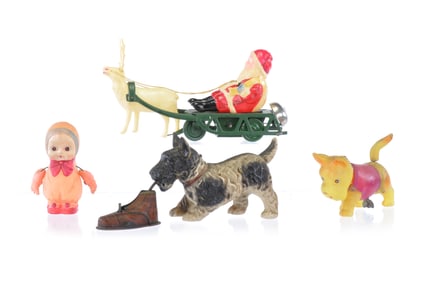 Charming Celluloid Baby, Santa's Sleigh, and Scotty Dog Windup Lot of 4