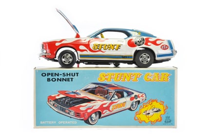 Patriotic Stunt Car Mustang Battery Op. Tin Car Boxed, by T.P.S. Japan