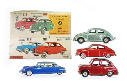 Bandai Citroen, SAAB, Volkswagen, Fiat 4 Car Boxed Japanese Tin Car Set