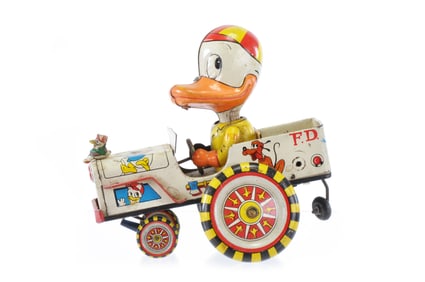 Linemar Mickey and Donald and Dewey Fire Truck Tin Windup Krazy Car