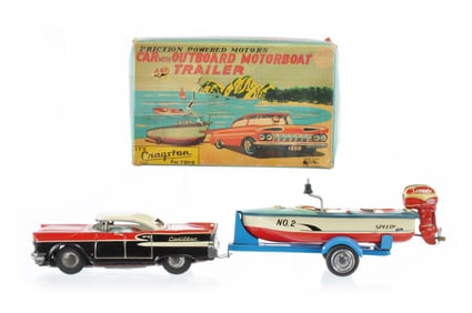 Cragstan Car with Outboard Motorboat Tin Vehicle Set Boxed