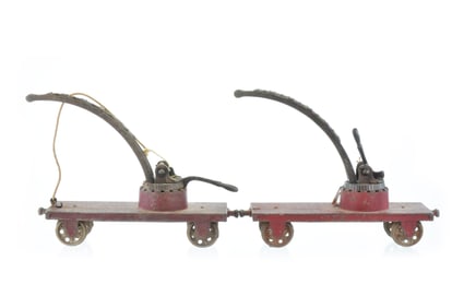 Two Arcade Toys Train Cranes in Cast Iron