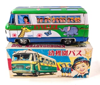 Japan TPS Toys Tin Litho Kindergarten Toy Bus MIB Old Store Stock Friction