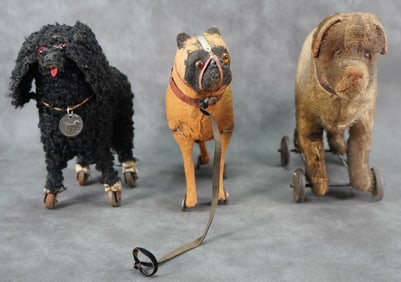 Group of 3 Antique Dog Pull Toys on Wheels German Bing