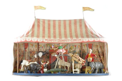 Extra Large Humpty Dumpty Circus Tent, Partial Side Show Flap, and Exotic Wooden Animals.