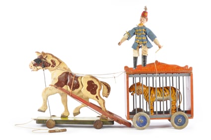 Schoenhut Tiger and Tamer with Circus Cart