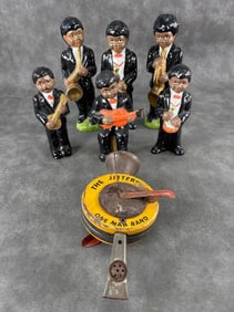 Lot of 6 Black Ceramic Musicians + One man Band Toy