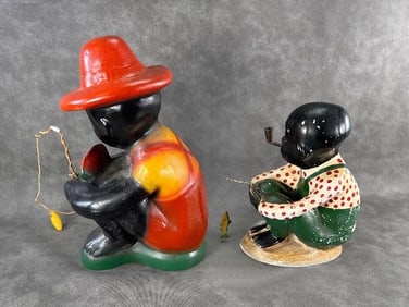 Pair of Black Americana Chalk Statues Fishing