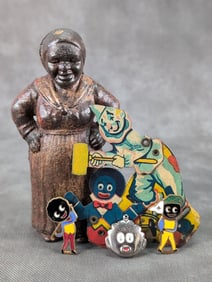 Cast Iron Mammy Bank & Golly Golliwog Tin Litho Clicker