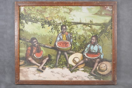 c1890 Young Boys Eating Watermelon The Feast Glitter Picture Framed Black Americana