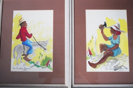 1958 KEN ABENDANA SPENCER Artist Pair of Watercolor Paintings Framed