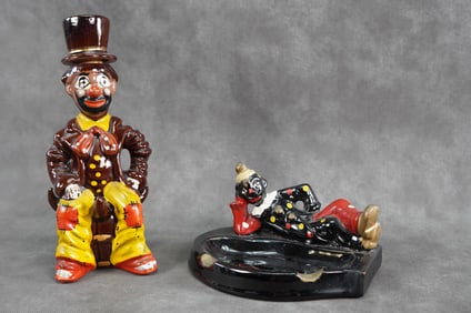 Pair of Black Americana Clown / Hobo Ceramic Ashtray & cup Holder