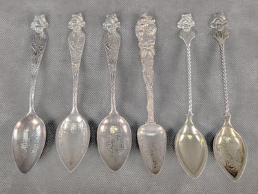 Antique Lot of 6 Black Americana Souvenir Spoons Sterling Silver Pointed Tea Spoons