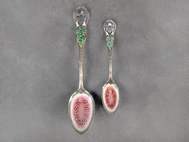 Antique Lot of 2 Black Americana Souvenir Spoons Sterling Silver Watermelon Enamel RARE