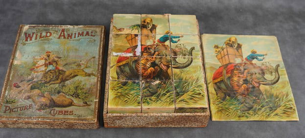 1890's Mcloughlin Bros Wild Animal Picture Cubes Puzzle in Box