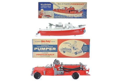 Eldon Mid-Century Fire Boat and Fire Engine Set of 2