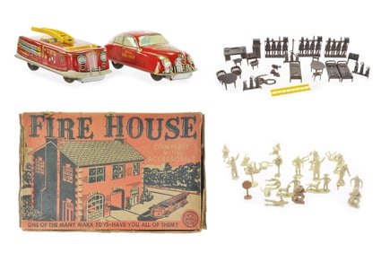 Fire House by Marx, and Two VFD Fire Vehicles