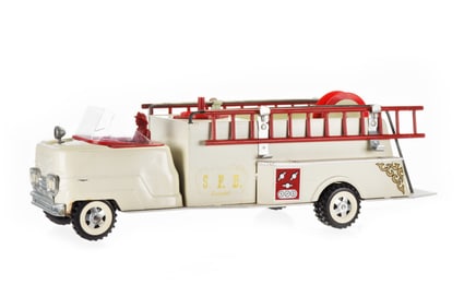 Structo SFD No. 603 Rare White Pumper Truck Pressed Steel Fire Truck Mint