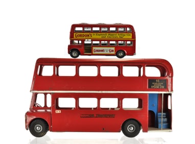 Triang Routemaster 50s Large Pressed Steel Toy London Transport Double Decker Bus & Gordons Gin Bus