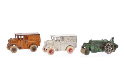 Hubley Set of Cast Iron Trucks and Roller