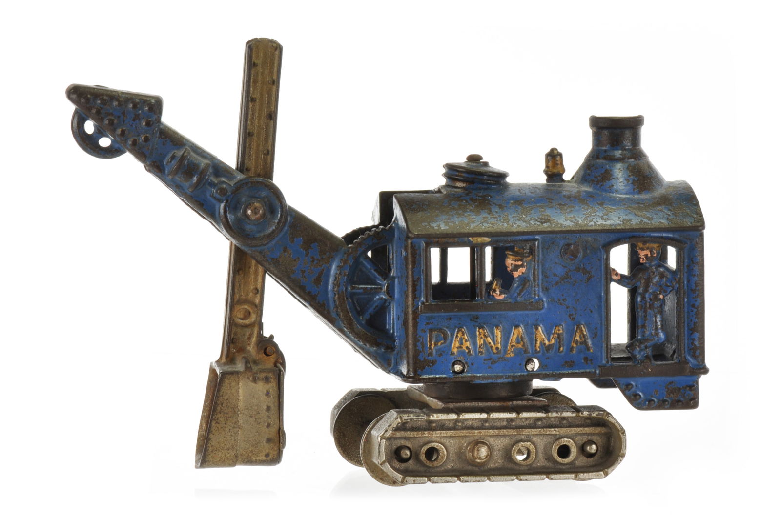 Rare Blue Hubley Cast Iron Panama Steam Shovel: Difficult-to-find Hubley cast iron steam shovel with treads. Toy is in the difficult-to-find blue variation with gold lettering. Rollers and dump bucket work properly. 8.5" long by 6.5" tall.