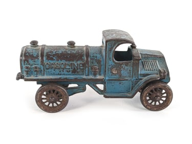 A.C. Williams Blue Cast Iron C Cab Gasoline Tanker Truck