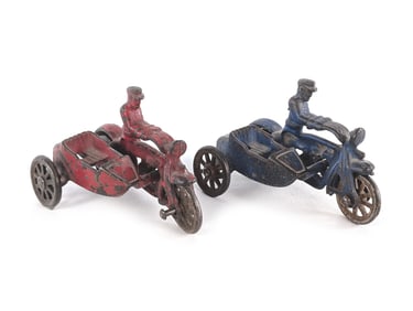Set of 2: Hubley Red & Blue Cast Iron Police Motorcycle w/Sidecar & Metal Wheels