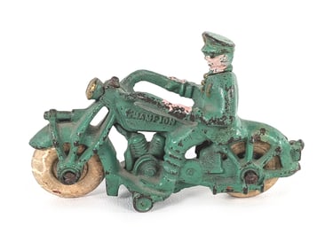 Champion Green Cast Iron Police Motorcycle w/Rubber Tires