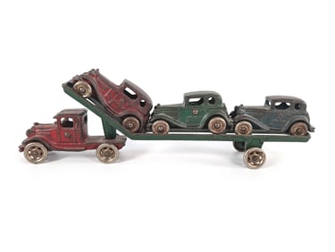 A.C. Williams Red & Green Cast Iron Car Transport w/3 Austin Cars & Metal Tires