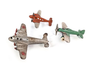 Set of 3: Hubley Silver, Orange & Green Cast Iron Airplanes w/Rubber Tires