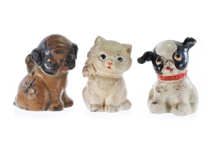 Hubley Cast Iron Puppo, Kitty Bank, and Fido Still Bank Set of 3