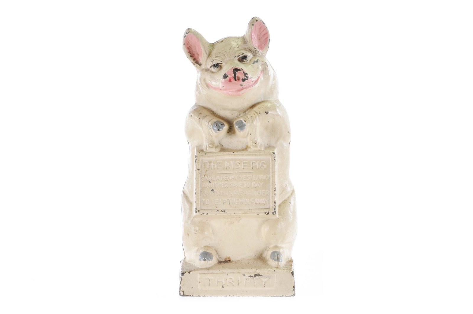 Hubley ca. 1930s Thrifty the Wise Pig Cast Iron Still Coin Bank: Hubley 1930–1936 Thrifty the Wise Pig cast iron still bank with original paint. It is approximately 6½" H.