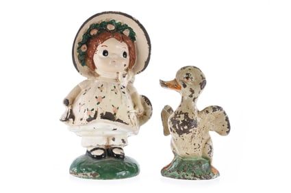 Hubley Set of 2 Cast Iron Still Banks Sunbonnet Sue (Dolly Dimple) and Duck