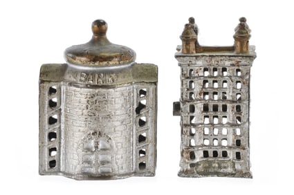 A.C. Williams Early 1900s Cast Iron Skyscraper & Presto Bank Still Penny Banks