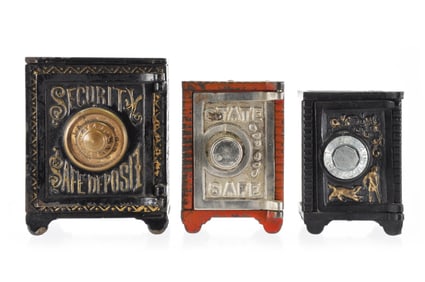 Set of 3 Cast Iron Safe Banks: Kyser & Rex Security Safe Deposit, State Safe, Grey Iron Boy & Dog