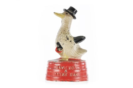 Hubley Save for a Rainy Day Duck on a Tub Still Bank 1930-1936