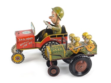 Louis Marx Tin Litho Windup Jumpin Jeep Works & Unique Art Tin Litho GI Joe Jeep Works