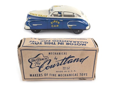 Walt Reach Toy by Courtland Windup Tin Litho State Police Siren Car Boxed Works