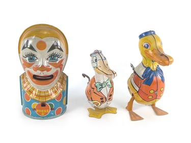 J. Chein Windup Tin Litho 2 Ducks & Tin Litho Clown Bank