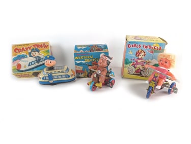 2 Japanese & 1 Korea Windup Mechanical Tricycle & Crazy Train Boxed Works