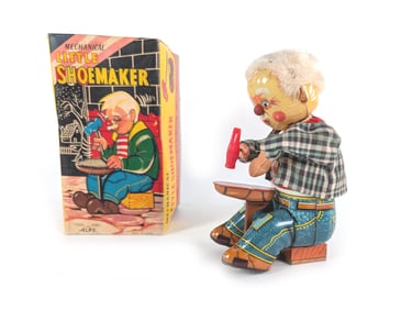 Japanese Alps Tin Litho & Fabric Mechanical Windup Little Shoemaker Works Boxed
