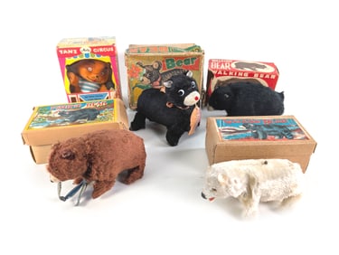 5 West Germany, Japanese & Occupied Japan Windup Mechanical Bears Boxed Works