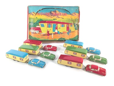 Japanese Tin Litho Friction House Trailer & Car Display with Display Box Works Mint