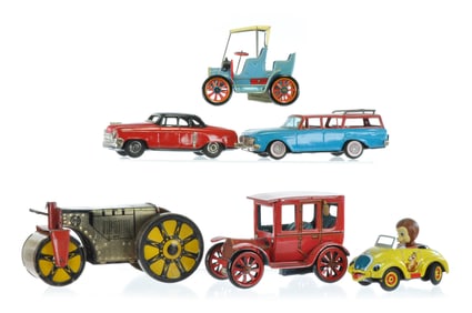 Masudaya Etc. Six Tin Cars and Road Roller Toy Lot