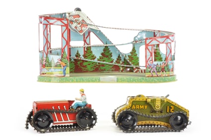 Marx Tin Tractor, Tank, and Chein Coaster Lot of 3