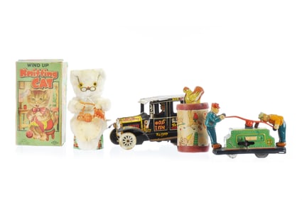 TN Knitting Cat Japanese Windup, Marx Jalopy, Stanley Novelty Chicken, Hand Cart, Lot of 4