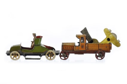 German Penny Toy Truck, Car, and Whistle Lot of 4